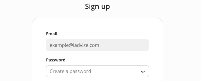 The hosted sign-up screen with Email and Password fields.
