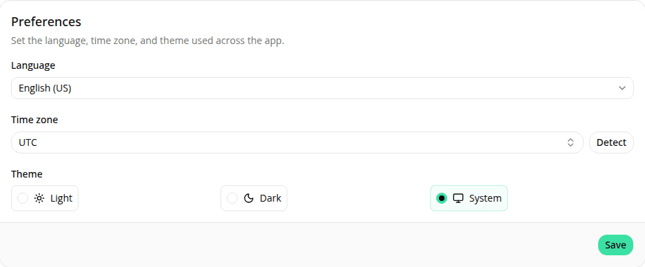 The Preferences card on the account Settings page, with Language, Time zone, and Theme fields and a Save button.