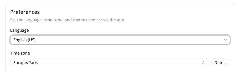 The Preferences card with Language set to English (US) and Time zone set to Europe/Paris, with a Detect button.