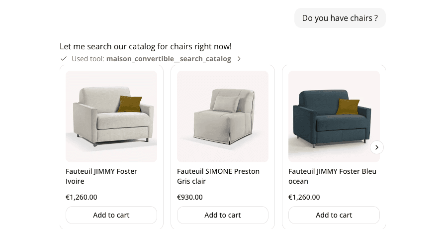 A carousel of product cards (armchairs) with images, names, prices, and Add to cart buttons, shown in reply to a shopper's question.