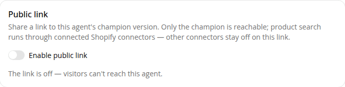 The Public link card on an agent's Settings tab, with an Enable public link toggle.