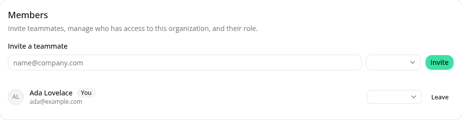 The organization's Members card, with a role selector next to the invite form and next to the existing member's row.