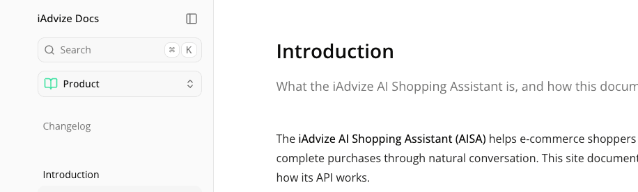 The docs sidebar with search, the Product/API switcher, and the Introduction page shown alongside.