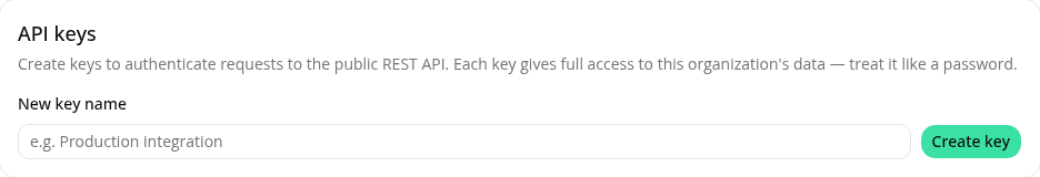 The API keys card on the organization Settings page, with a field to name a new key and a "Create key" button.