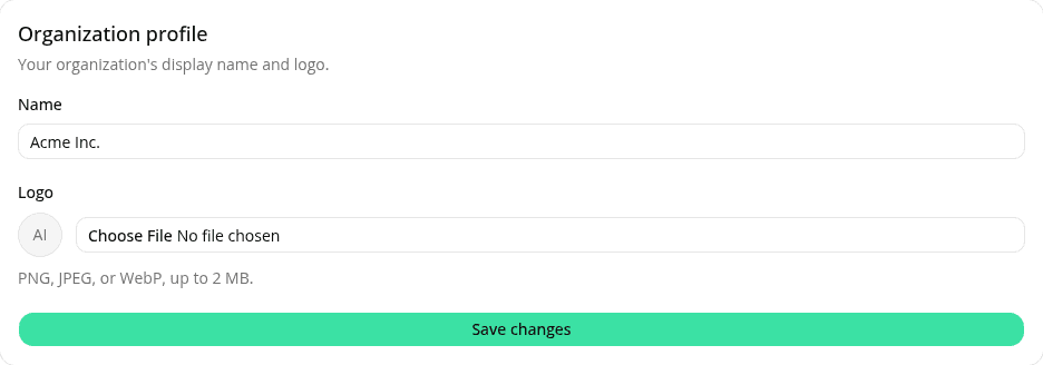 The Organization profile card on Settings, with a Name field, a Logo upload showing an initials fallback, and a Save changes button.