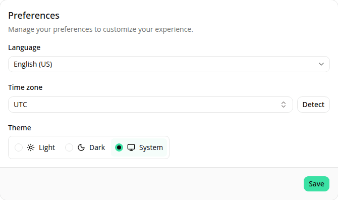 The Preferences card on the account Settings page, with Language, Time zone, and Theme radio options (Light, Dark, System).