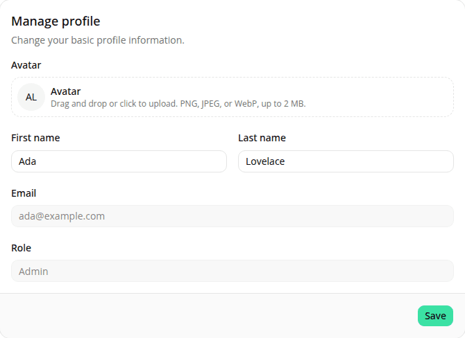 The Manage profile card showing Avatar, First name, Last name, Email, and a read-only Role field set to Admin.