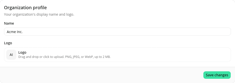The Organization profile card in Settings, showing the Name field and the Logo field with its drag-and-drop upload prompt below it.