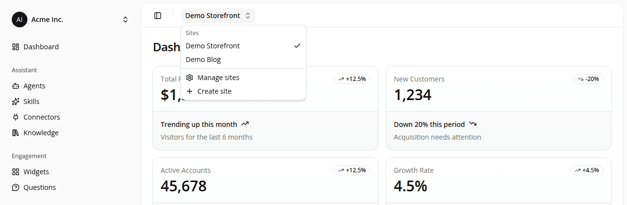 The top of the dashboard, showing the header bar with the site switcher and its open dropdown below, listing Demo Storefront (selected) and Demo Blog, with Manage sites and Create site actions.
