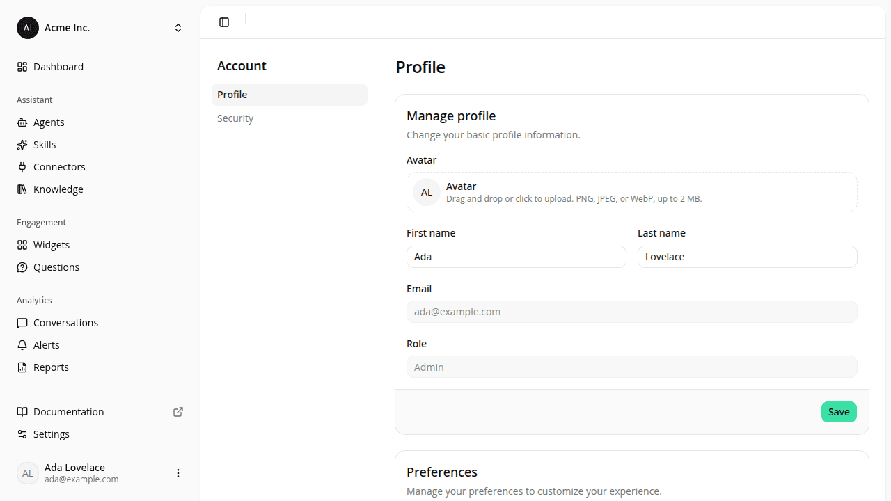 The Account panel next to the account page, listing Profile (active) and Security.