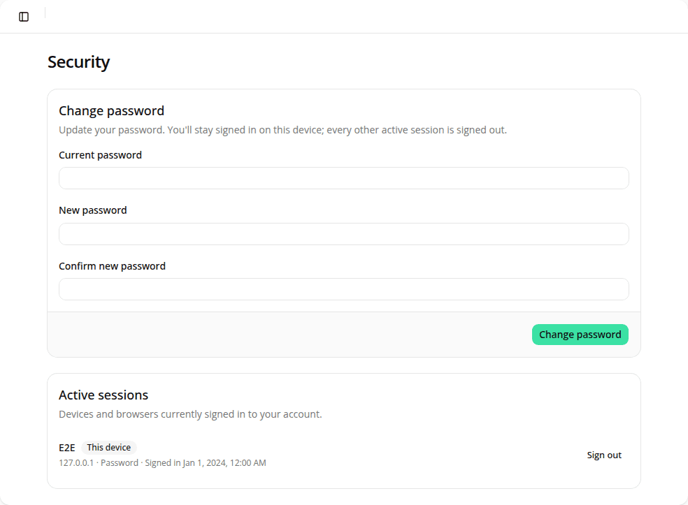 The Security page, showing the Change password card and the Active sessions list with the current device flagged.