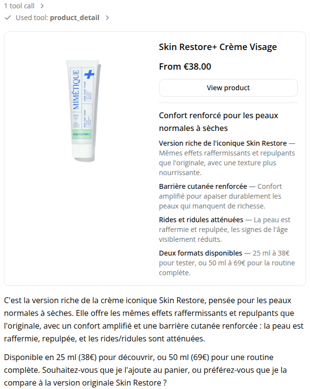 A full product detail card for a face cream, showing its image, headline, four benefit bullets, price, and a View product button.