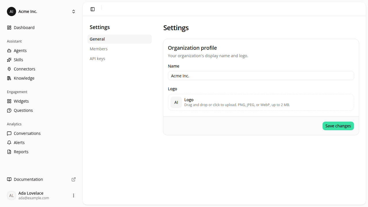 The Settings sub-navigation (General, Members, API keys) next to the General page showing the organization profile card, with no Settings link left in the main sidebar.