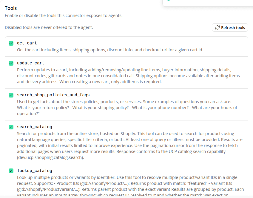 The Shopify connector's Tools list showing get_cart, update_cart, search_shop_policies_and_faqs, search_catalog, and lookup_catalog, each listed once.