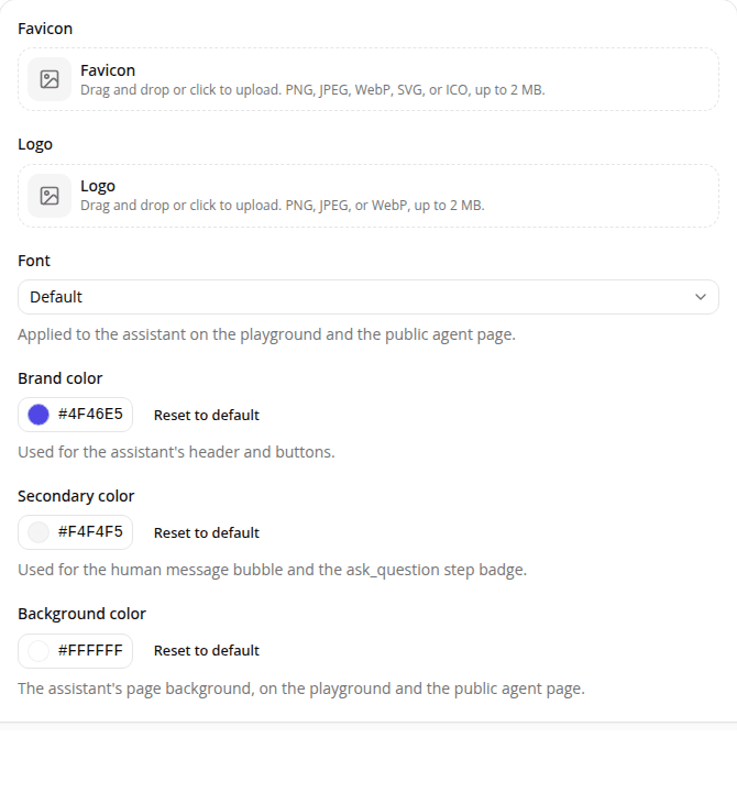 The site Branding settings page, with Logo and Brand color fields among the branding options.