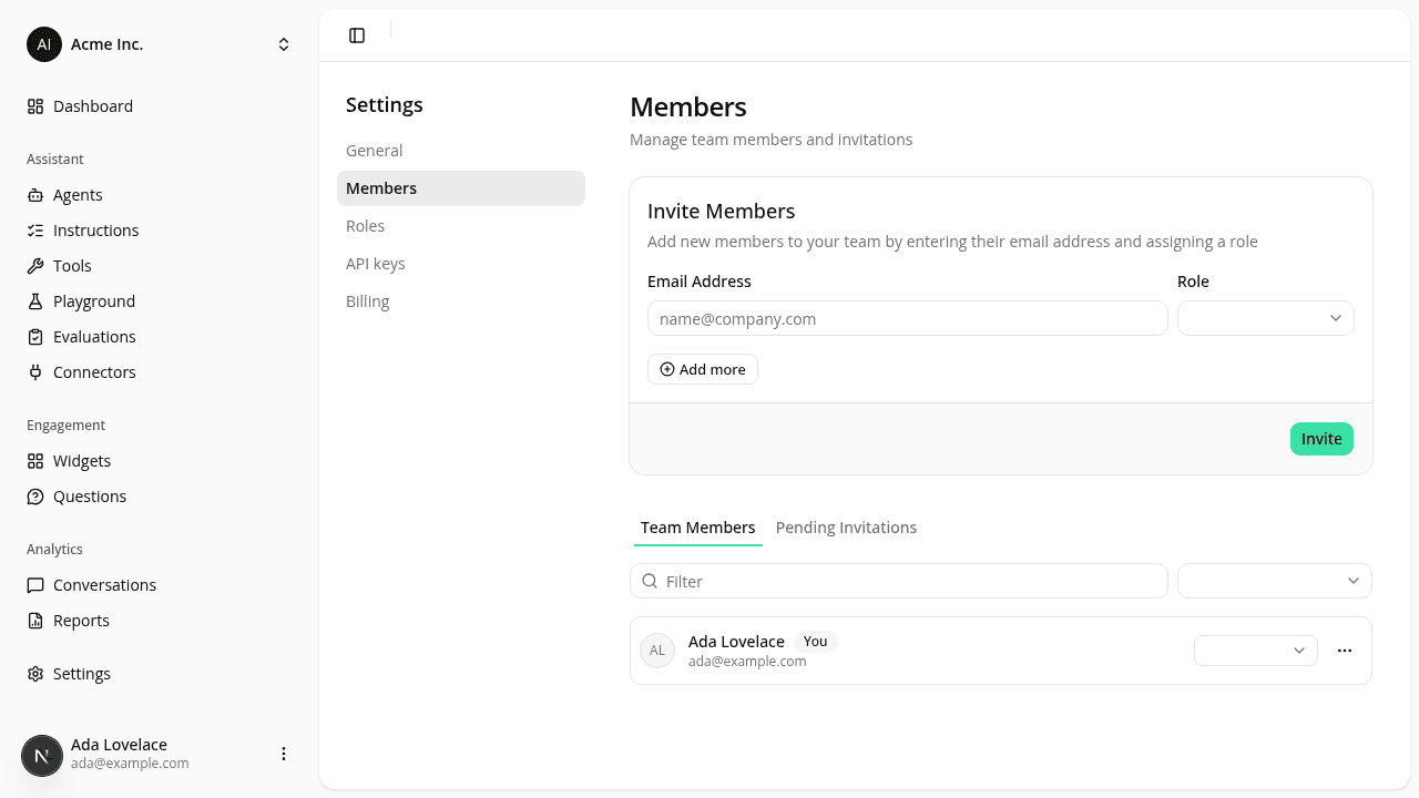 The Members page with a multi-row Invite Members form, an Add more button, Team Members and Pending Invitations tabs, and a search bar.