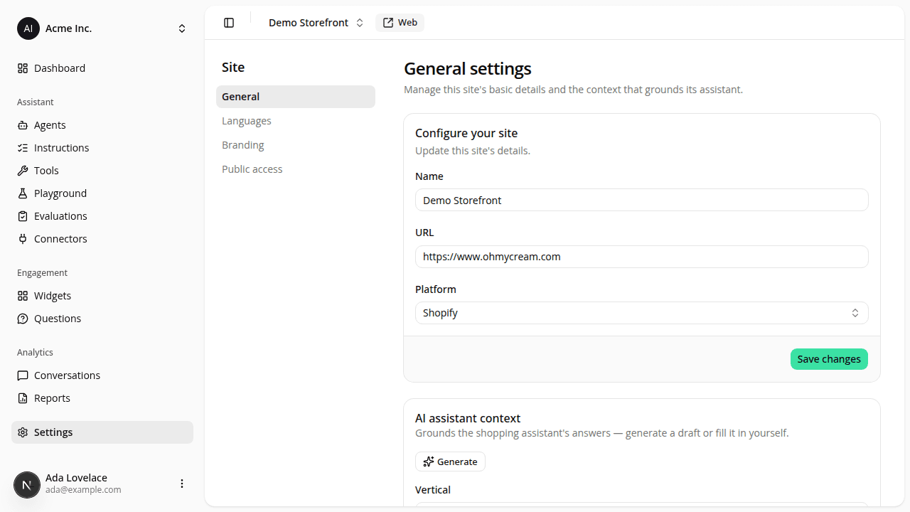 The dashboard with a Settings entry in the sidebar, a Web button next to the site switcher, and the Configure your site card showing a URL field.