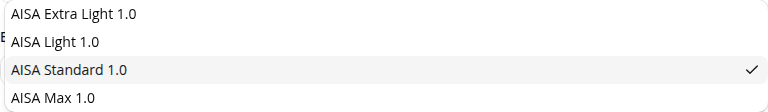 The Engine dropdown open, listing AISA Extra Light 1.0, AISA Light 1.0, AISA Standard 1.0 (selected), and AISA Max 1.0.
