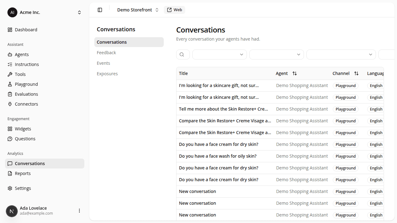 The Conversations table with a search box, filter dropdowns, and sortable Agent and Channel columns.