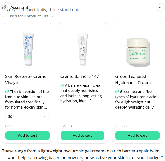 A product carousel showing three skincare product cards, each with a visible outline shown in full around the card.