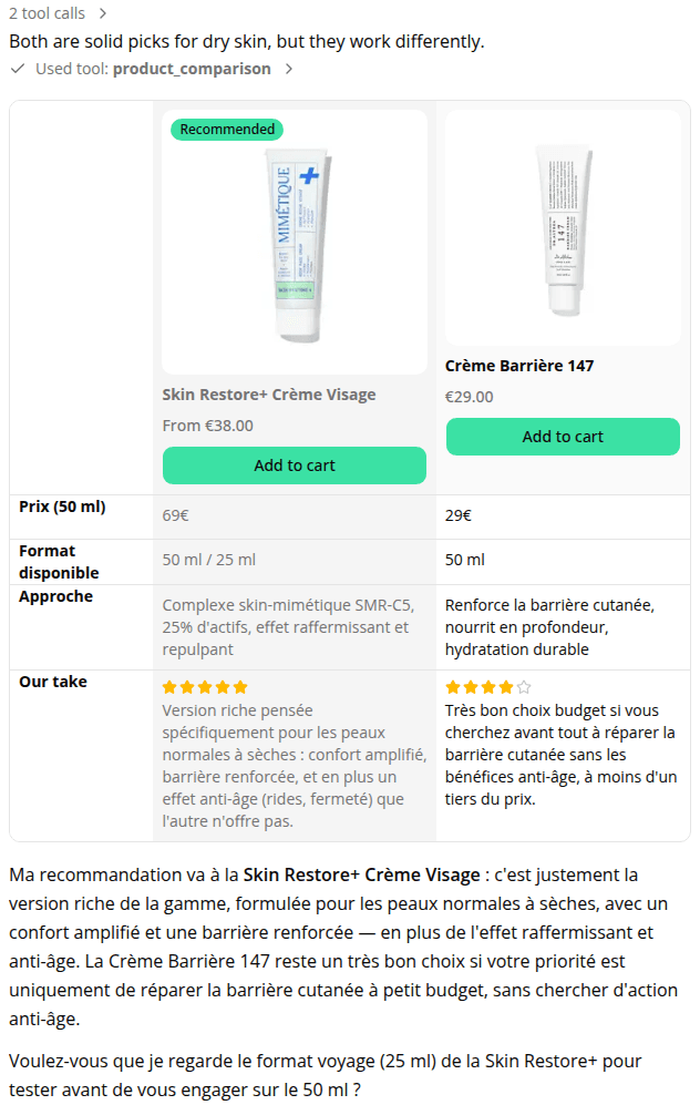 A product comparison table with a Recommended badge overlaying the top of the product image and a brand-colored Add to cart button.