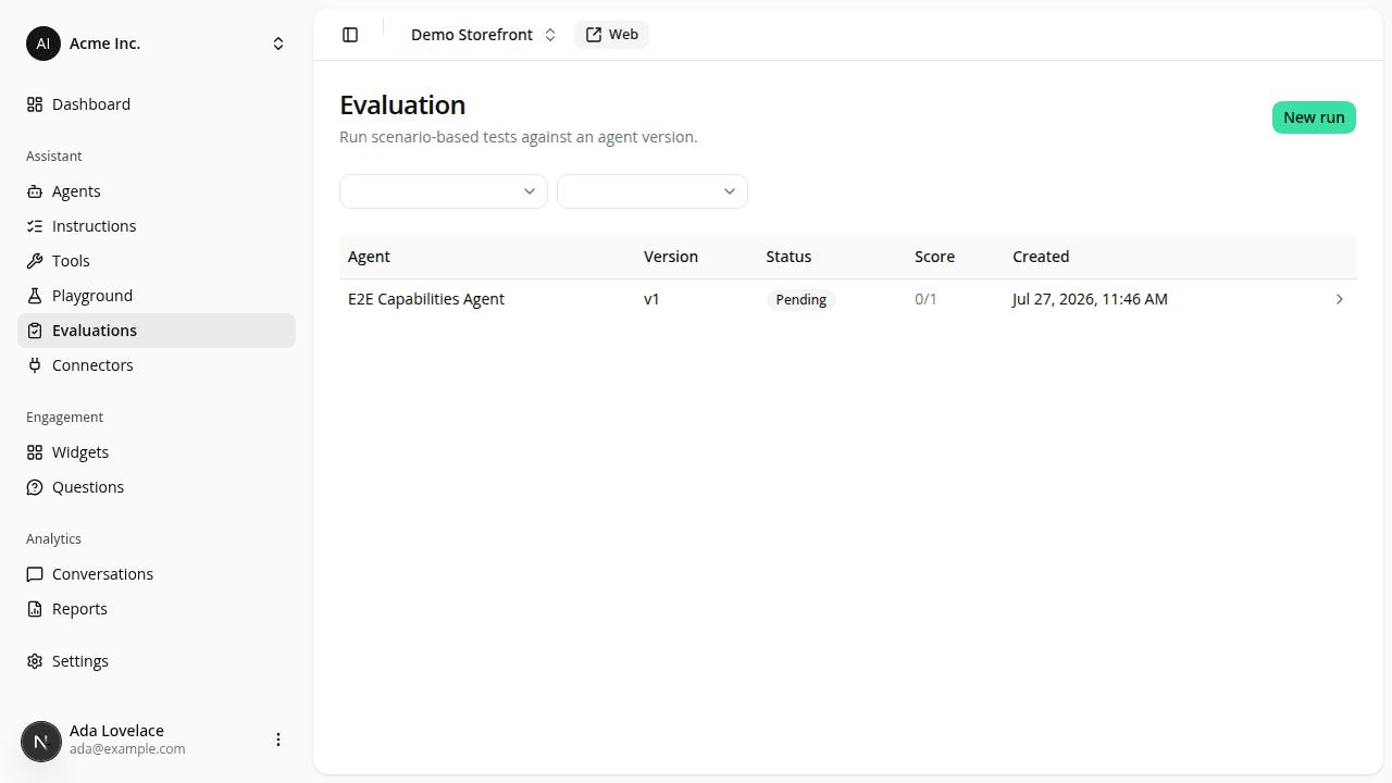 The Evaluation page listing one run with its agent, version, status, score, and creation date, and a New run button.