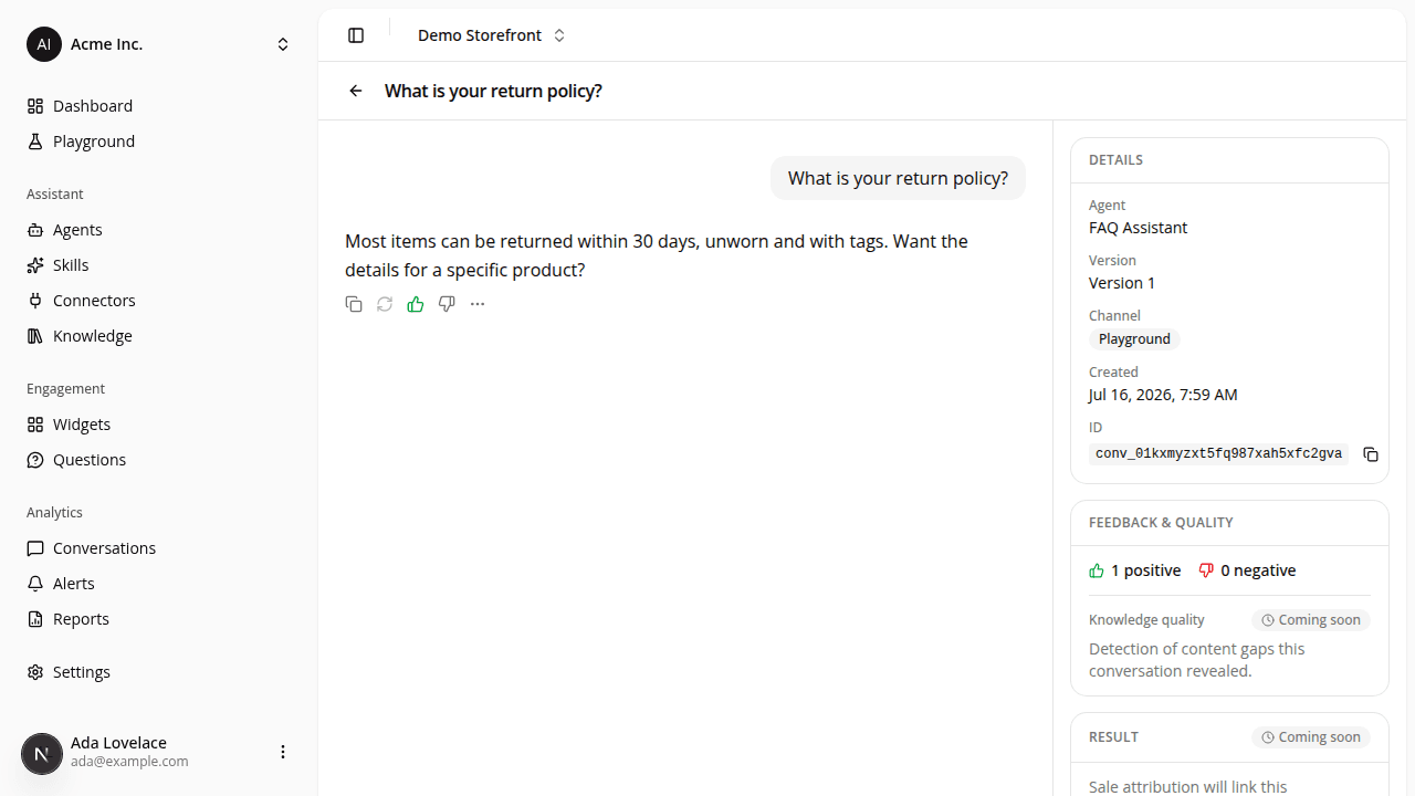 A conversation detail page with the transcript as the main column and a right-hand rail. The rail's Details section lists the agent, version, channel, creation date, and conversation id with a copy button; a Feedback & quality section shows a green "1 positive" and "0 negative" thumbs tally, with Knowledge quality, Result, and Analysis sections marked "Coming soon".