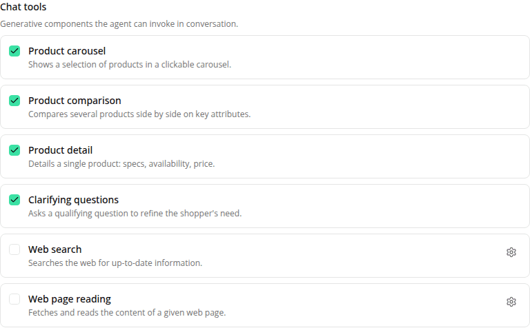 The Chat tools checklist showing Web search and Web page reading as new, unchecked entries below the four existing tools.