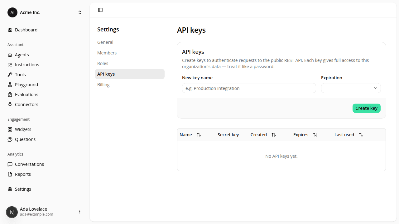 The API keys page with a New key name field, an Expiration dropdown, and a sortable keys table.