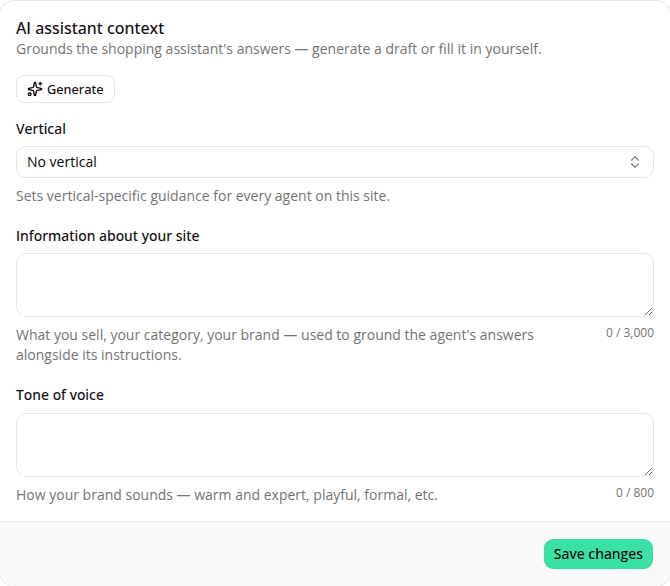 The Information about your site and Tone of voice fields with live character counts, 0/3,000 and 0/800.
