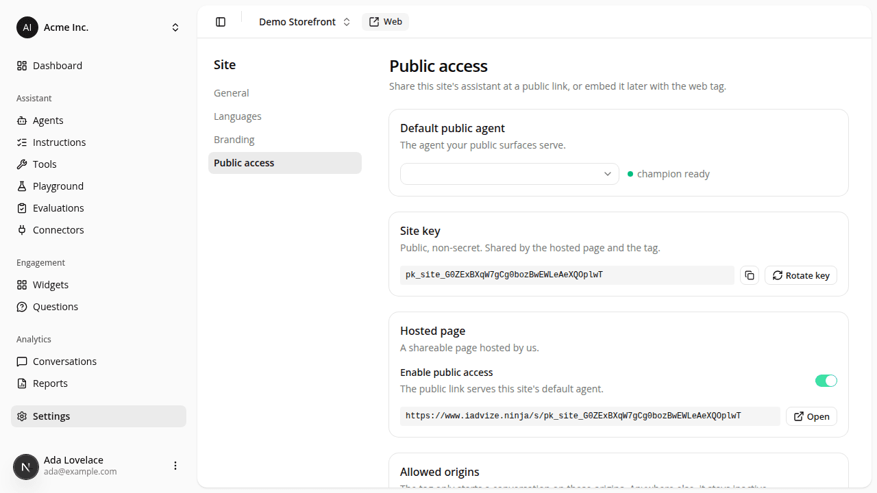 The site's Public access page with a Default public agent selector, Site key, and a Hosted page toggle and link.
