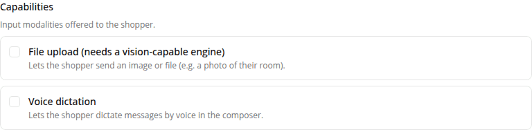 The Capabilities checklist on the new agent version page, with File upload and Voice dictation both unchecked.