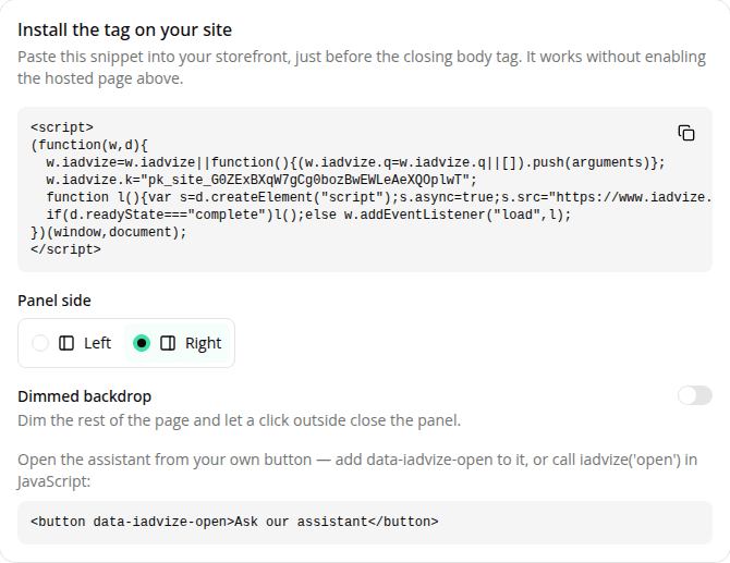 The Install the tag on your site card with the embed script snippet and a Panel side chooser set to Right.