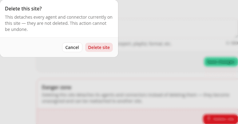 A "Delete this site?" confirmation dialog with a red Delete site button next to a neutral Cancel button.