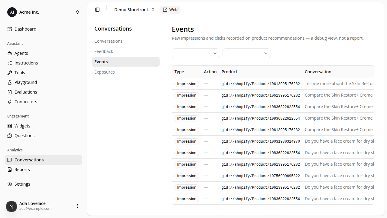 The Events tab listing impression events with their type, product id, and conversation.