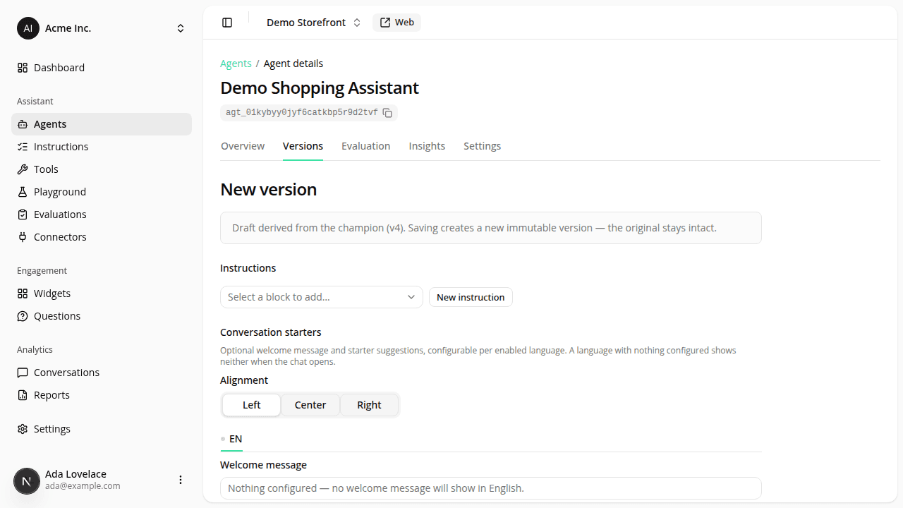 An agent's detail page with Overview, Versions, Evaluation, Insights, and Settings tabs, showing the New version form on the Versions tab.