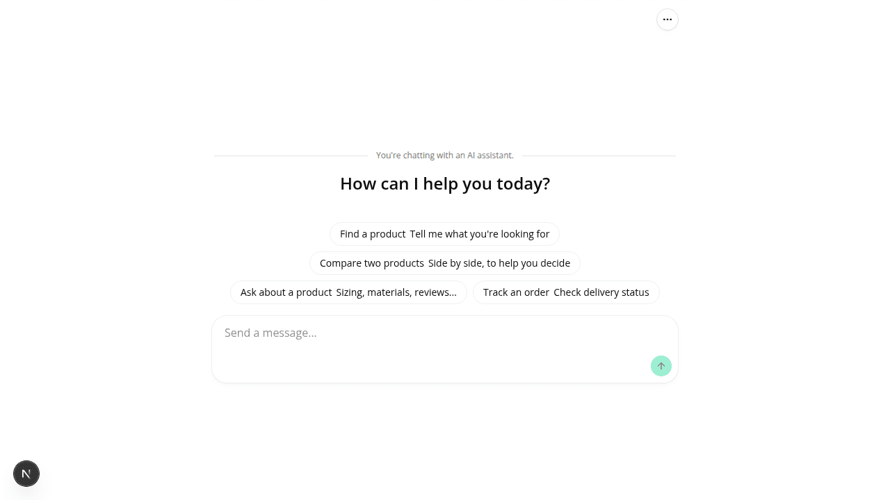 The hosted chat page's empty state, showing a thin "You're chatting with an AI assistant." divider above the welcome heading and starter suggestions.