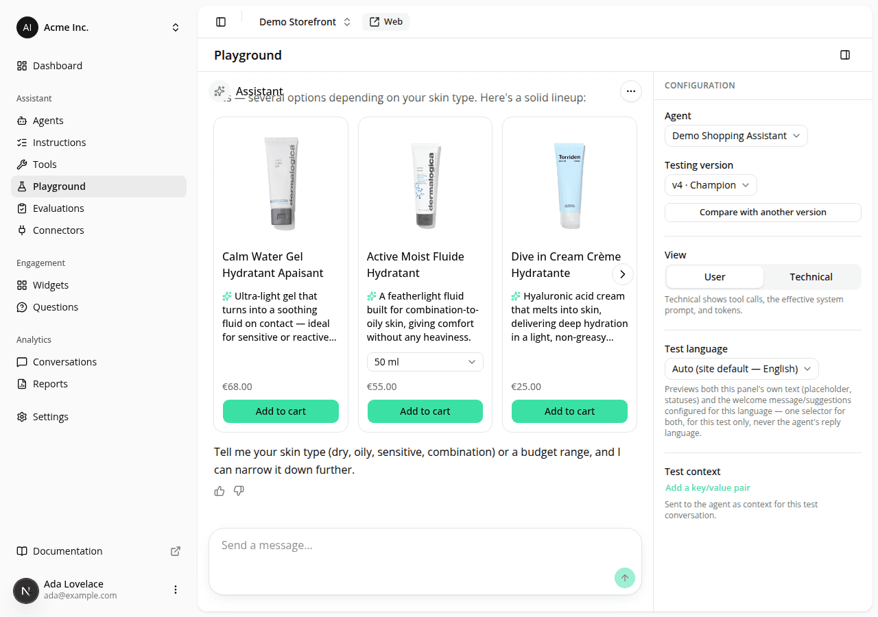 The playground's User view showing a product carousel reply with only thumbs-up/down controls under the message.