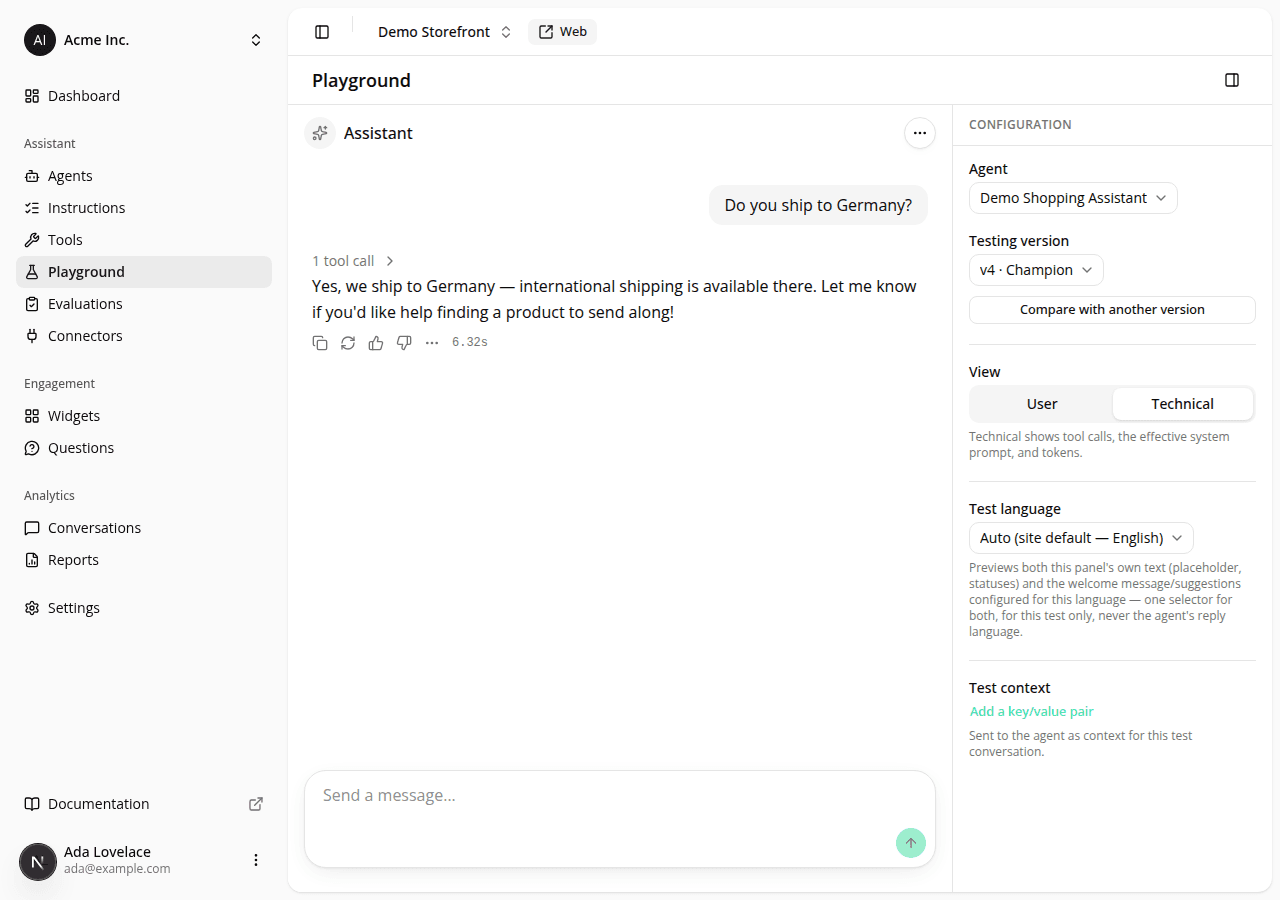 An assistant message in the playground's Technical view with a response-time badge (6.32s) next to the more-actions menu.