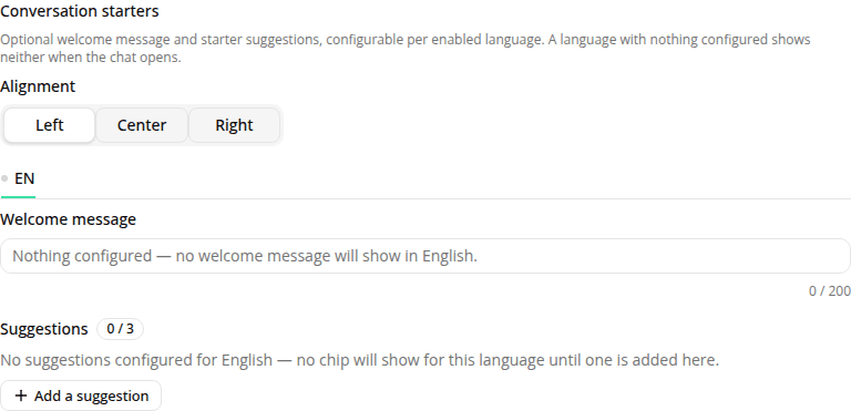 The Conversation starters section of the version editor, with an Alignment chooser, a Welcome message field, and a Suggestions list for English.