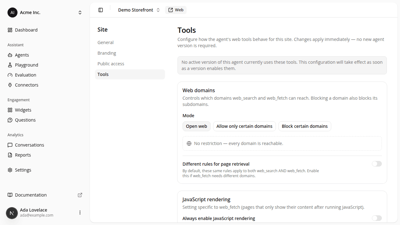 The new Tools tab on a site's settings, showing the Web domains card with its Open web / Allow only certain domains / Block certain domains mode switch.