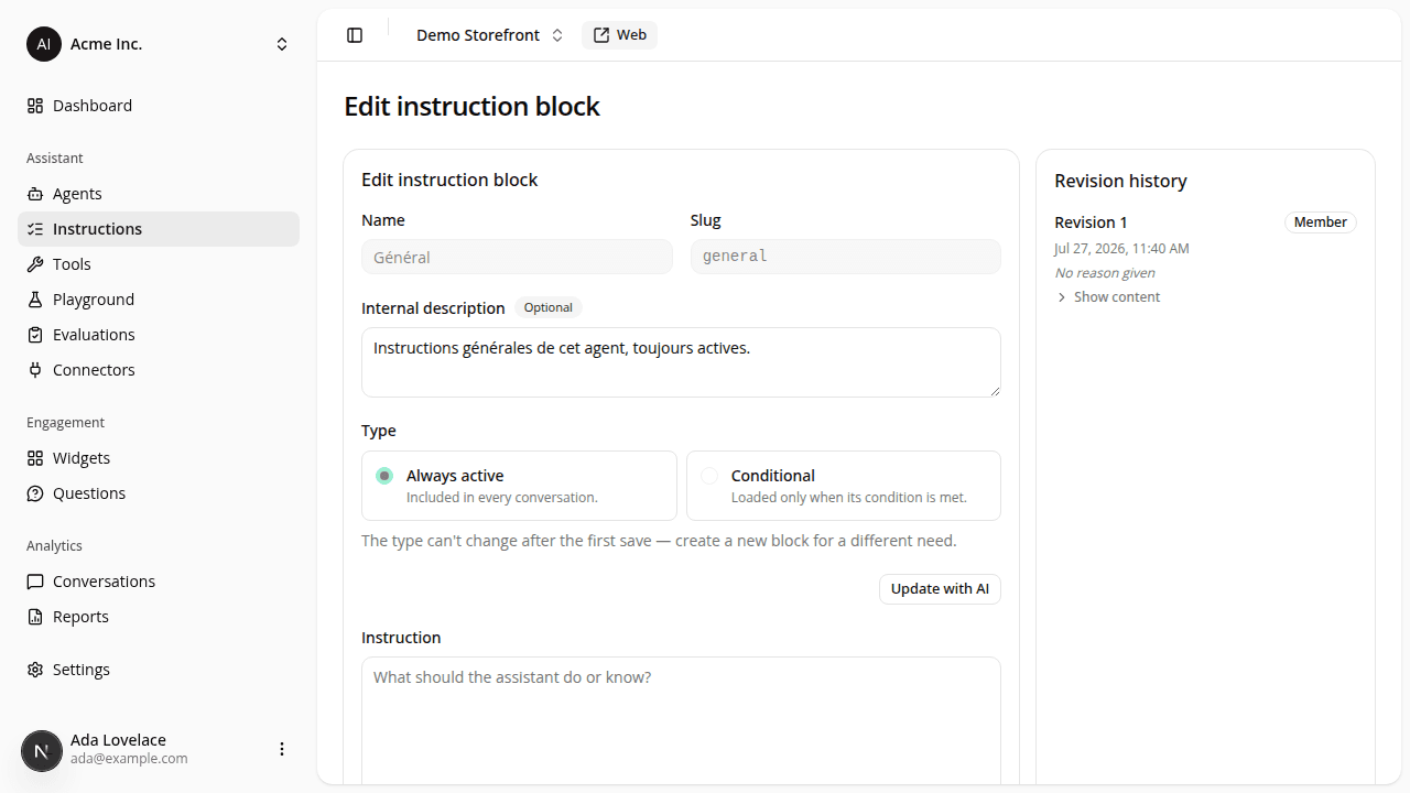 The instruction block editor with Name and Slug sharing one row, an Optional badge on Internal description, and a collapsed revision history.