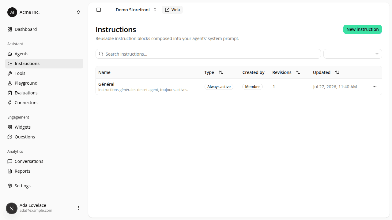 The dashboard sidebar with Instructions and Evaluations as their own entries in the Assistant group.