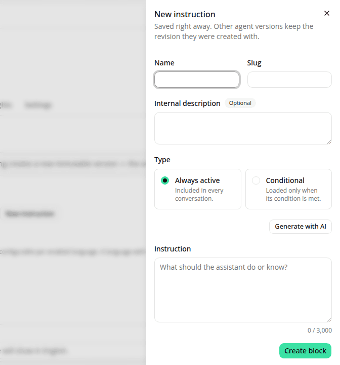 The New instruction side panel open over the version editor page, with Name, Type, and Instruction fields.