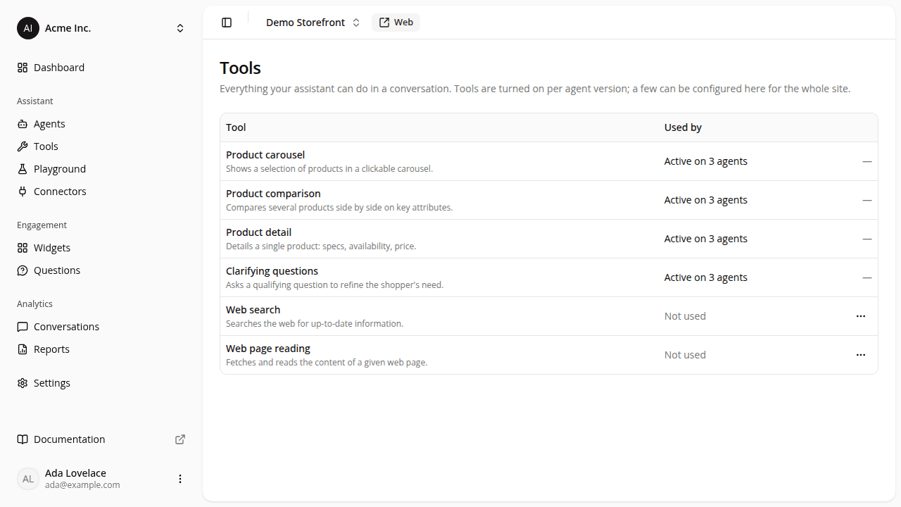 The Tools page of a site, listing the six chat tools with their descriptions and a Used by column (the four card tools active on 3 agents, web search and web page reading not used), with Tools in the sidebar under Assistant.
