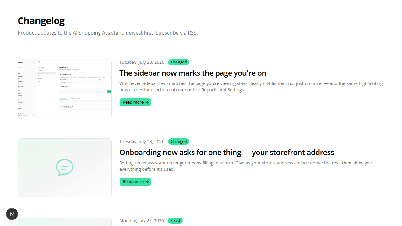 The changelog list showing dated, badged update cards with a thumbnail, title, description, and Read more button.