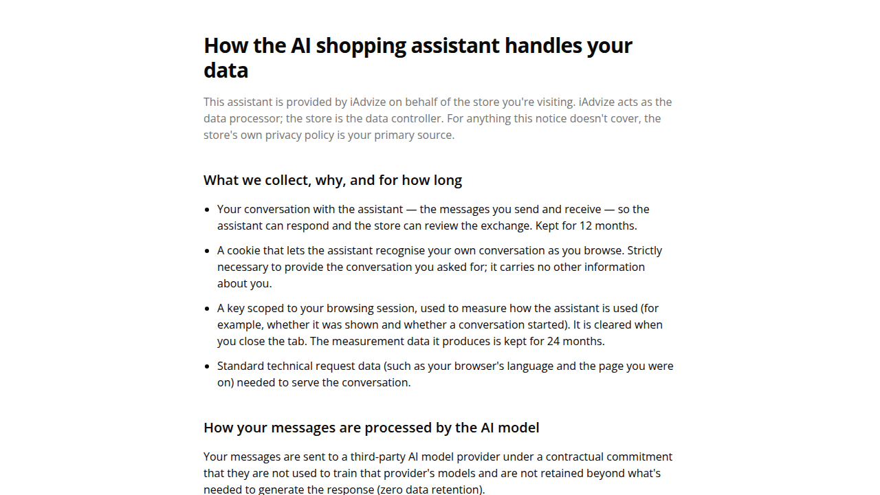 The new shopper data-usage notice page, listing what's collected, why, and for how long.