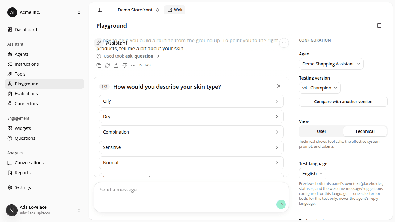 A clarifying question card asking "How would you describe your skin type?" with five choice buttons visible and a sixth cut off at the bottom, showing the card scrolling internally within its capped height.