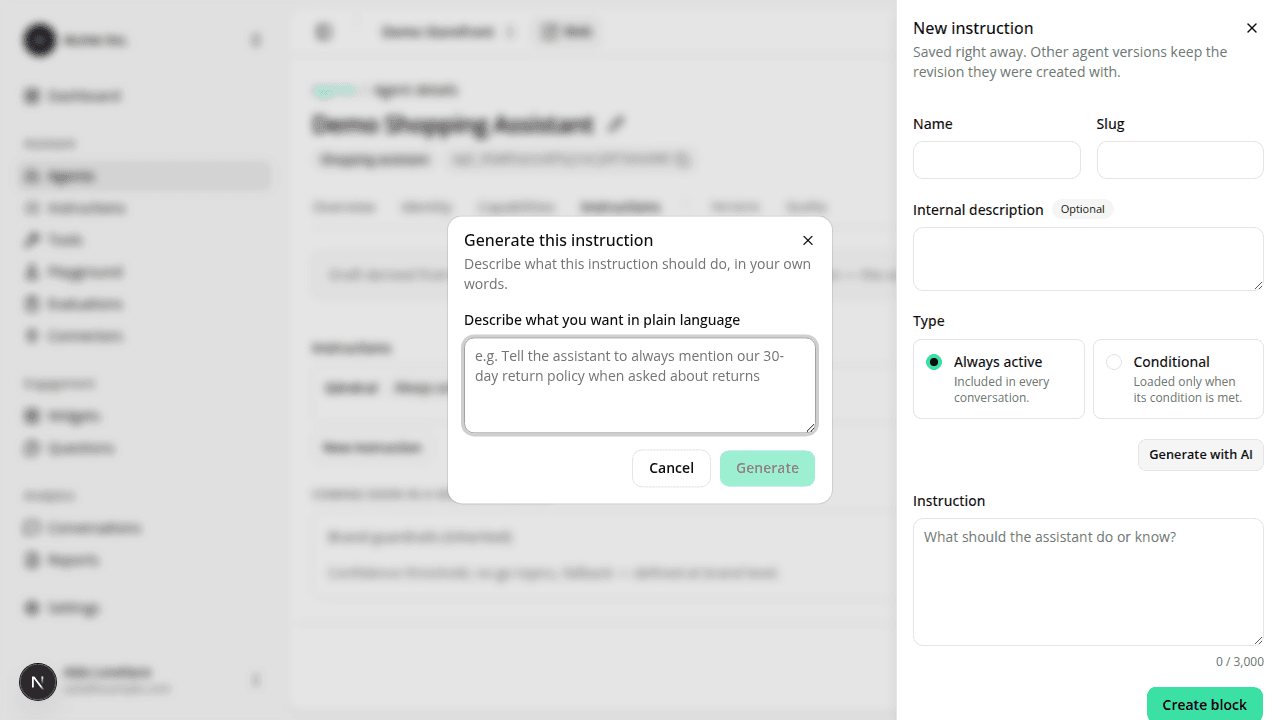 The "Generate this instruction" dialog open on top of the New instruction side panel, which stays visible behind it with its Name, Type and Instruction fields intact.