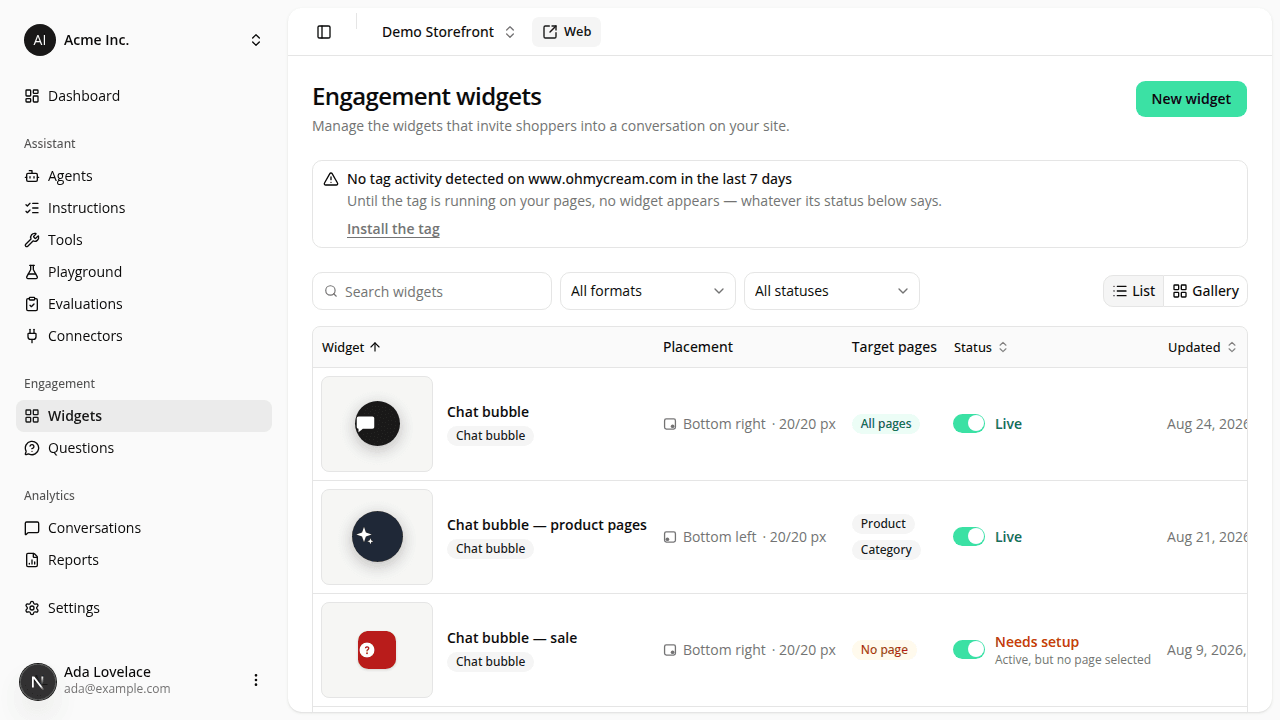 The Engagement widgets list page, showing a search field, format and status filters, and a table of widgets with their placement, target pages, status and last-updated date.
